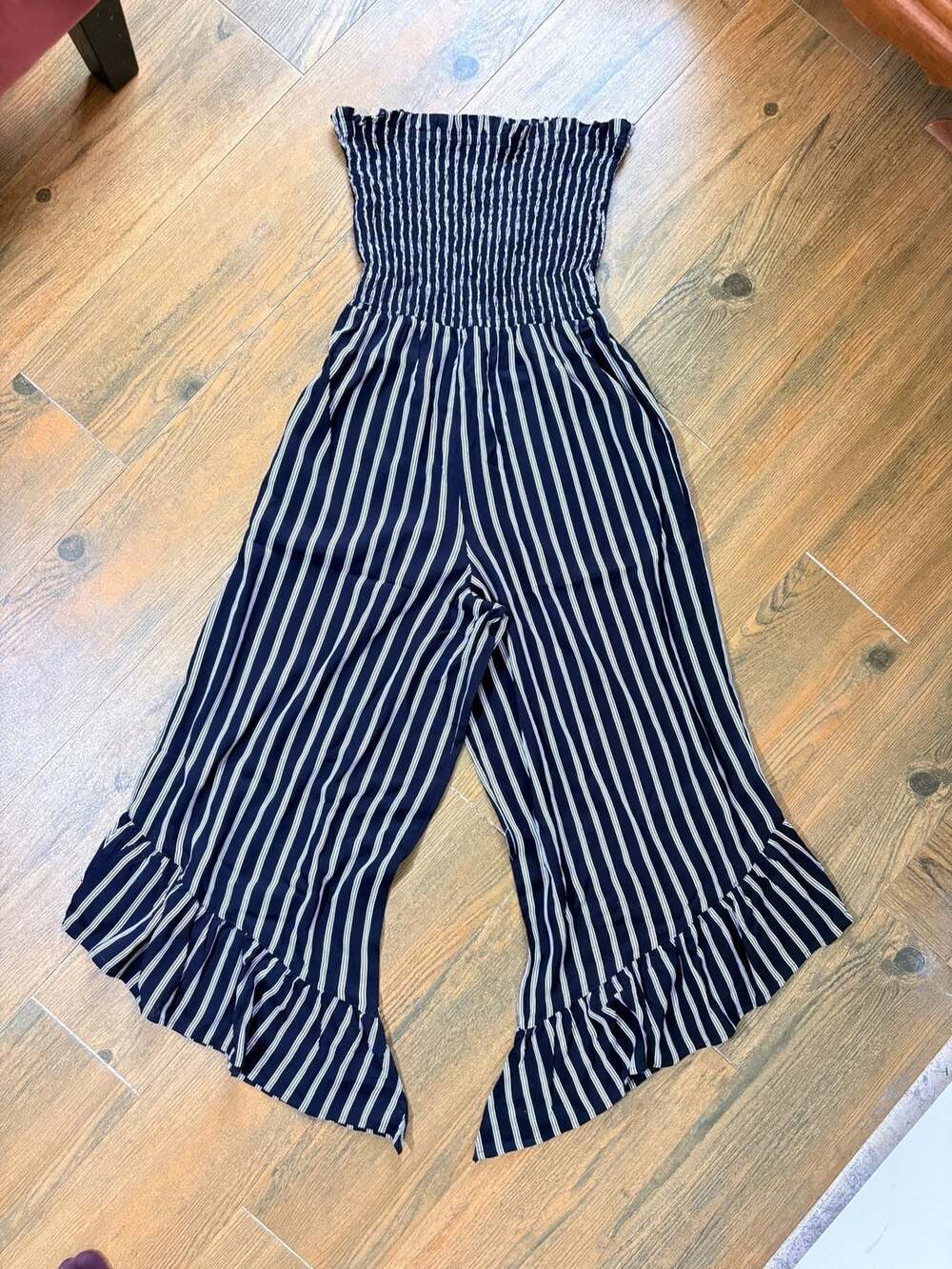 Angie Smocked Jumpsuit Size S Black White Striped Ruffle Hem